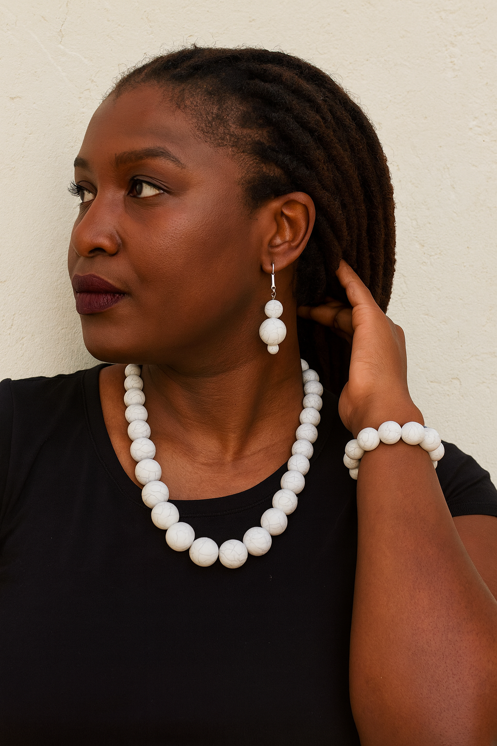 Beaded Round Marble Necklace, Bracelet and Earring Set