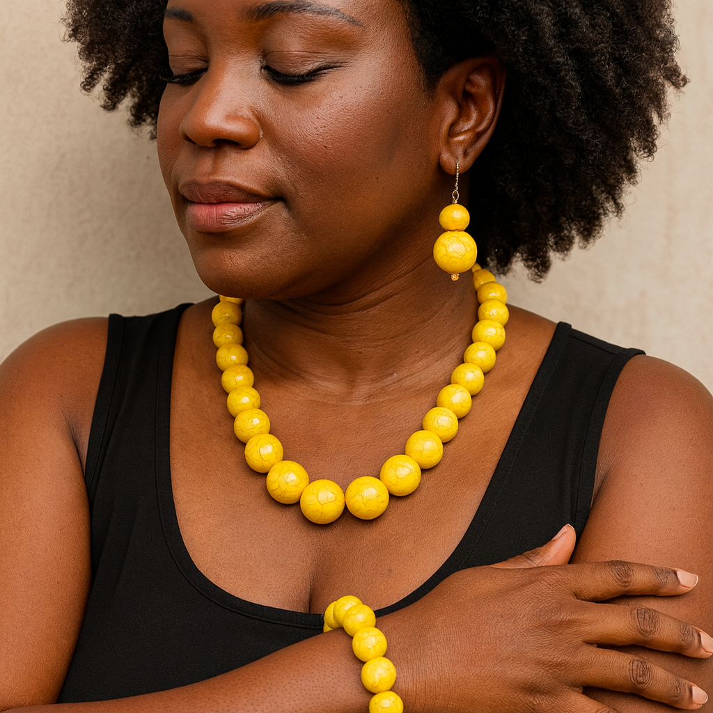Beaded Round Marble Necklace, Bracelet and Earring Set