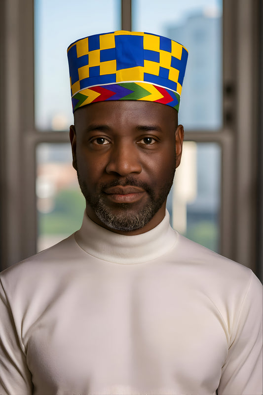 Blue Yellow Print Kente Unisex Kufi Hat
