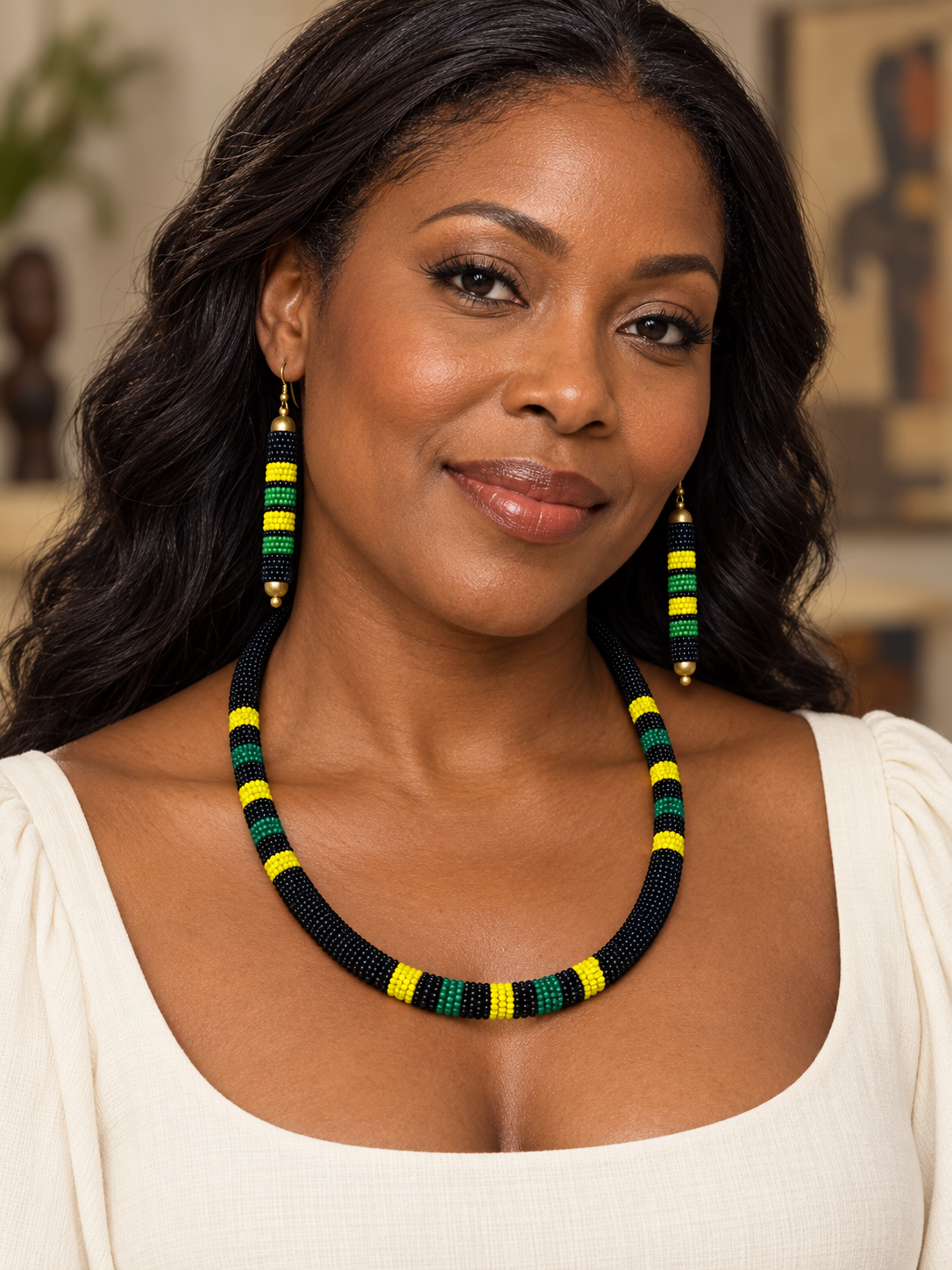African Yellow, Green & Black Beaded Necklace & Earrings Set