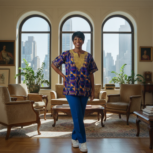 Men’s African Dashiki Shirt – Blue/Yellow Kente Print