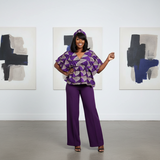 African Print Layered Ruffle Blouse – Purple & Cream