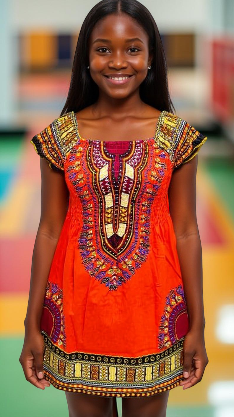 Girl's Smocked Off Shoulder Traditional African Dashiki Print Dress