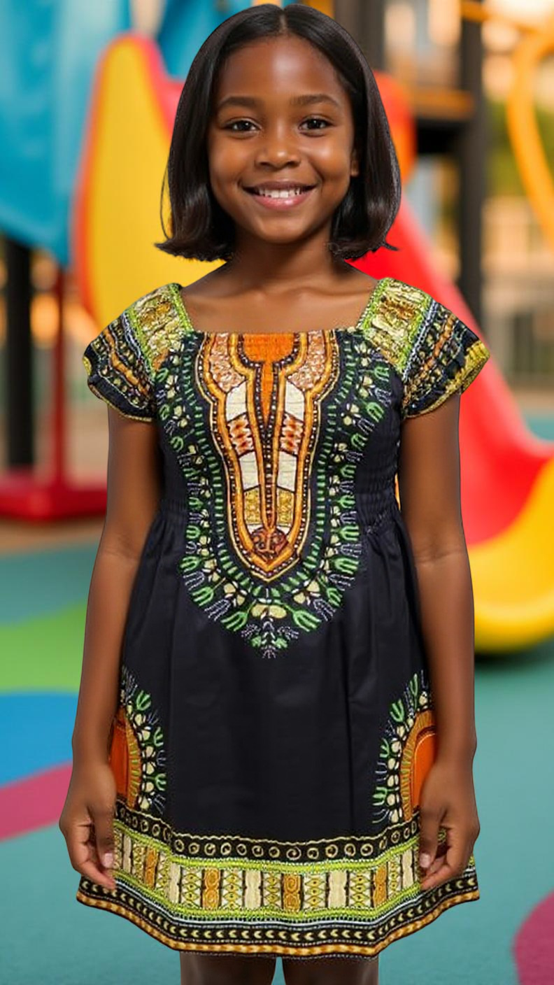 Girl's Smocked Off Shoulder Traditional African Dashiki Print Dress