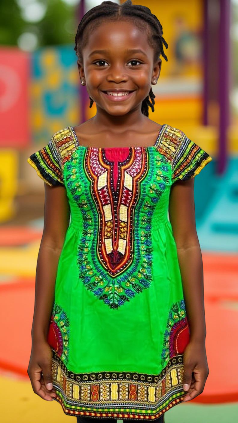 Girl's Smocked Off Shoulder Traditional African Dashiki Print Dress