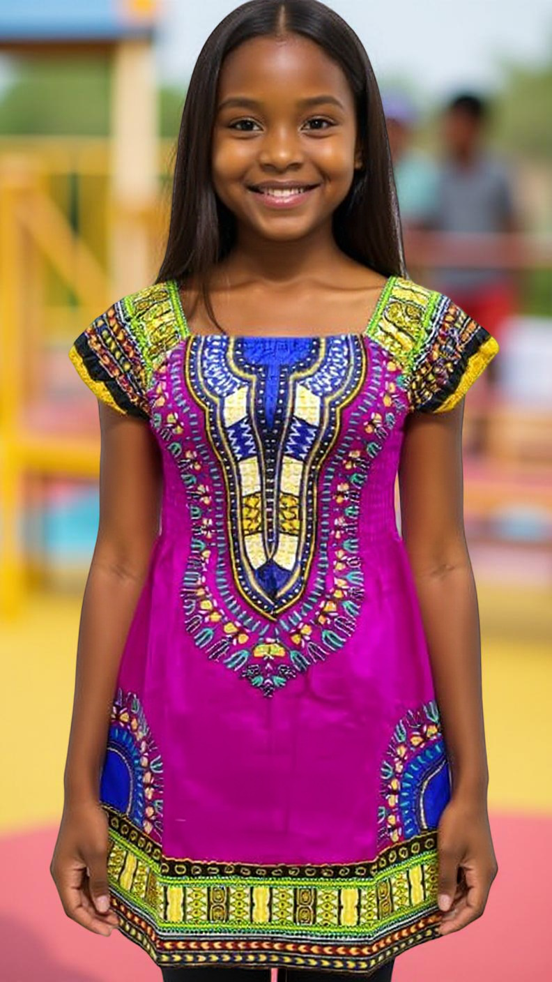 Girl's Smocked Off Shoulder Traditional African Dashiki Print Dress