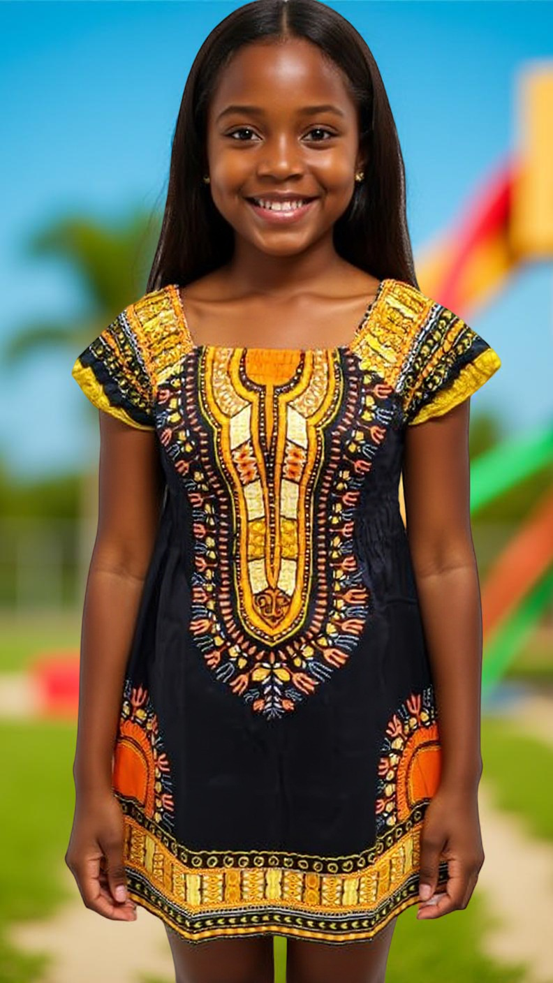 Girl's Smocked Off Shoulder Traditional African Dashiki Print Dress