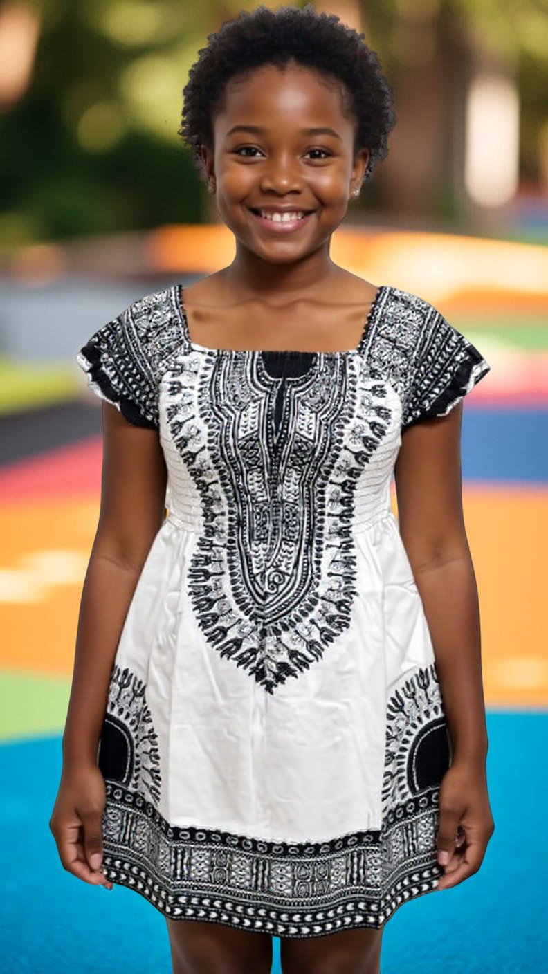 Girl's Smocked Off Shoulder Traditional African Dashiki Print Dress