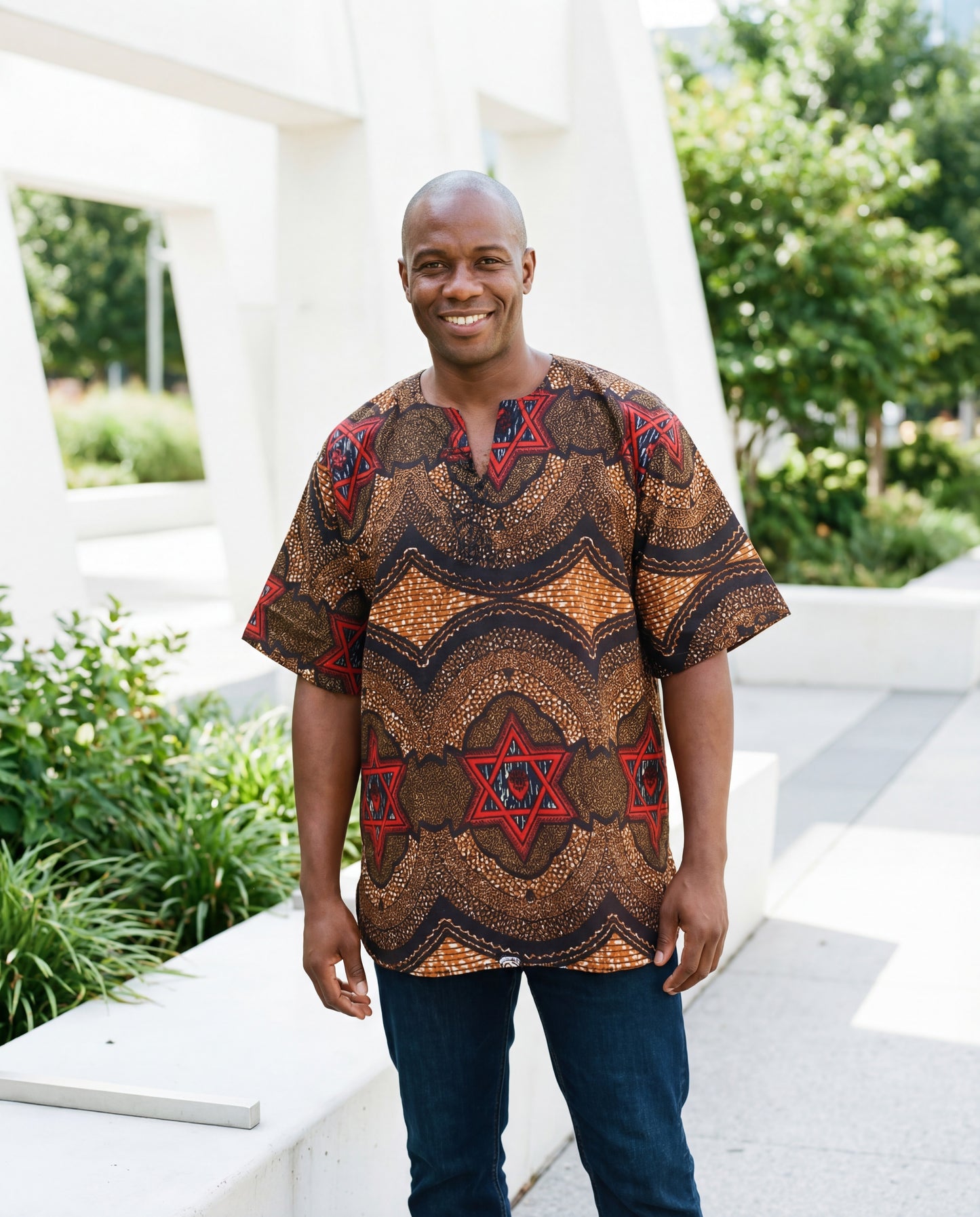 Men’s African Print Dashiki Shirt – Brown & Red Star Pattern Traditional Top