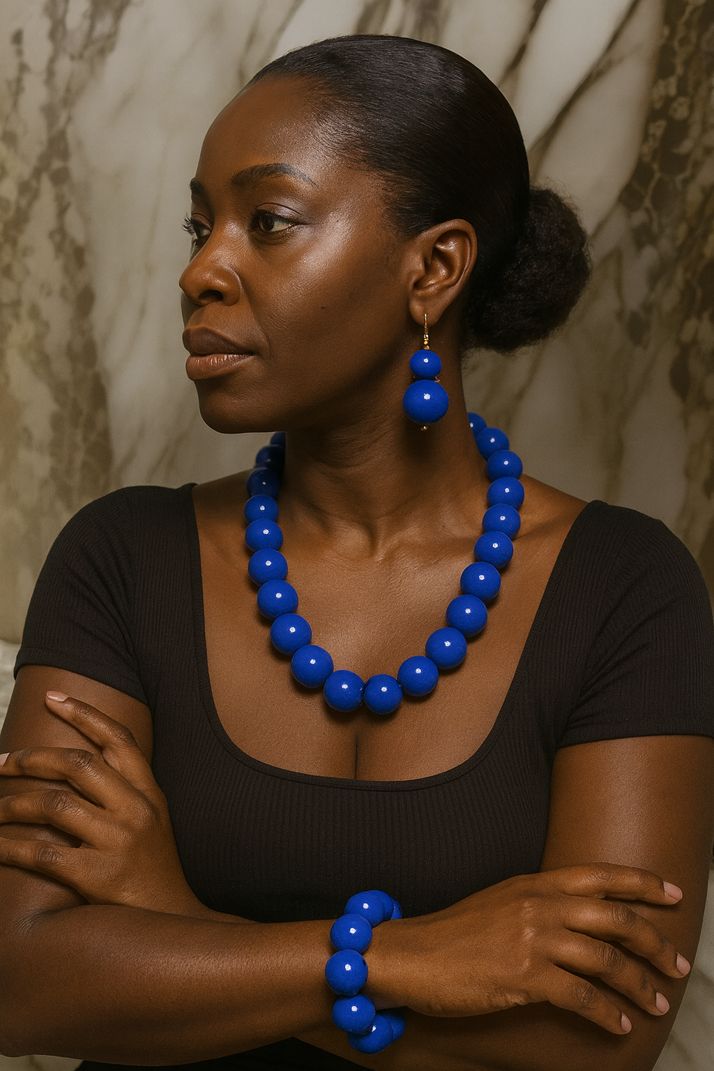 Beaded Round Marble Necklace, Bracelet and Earring Set