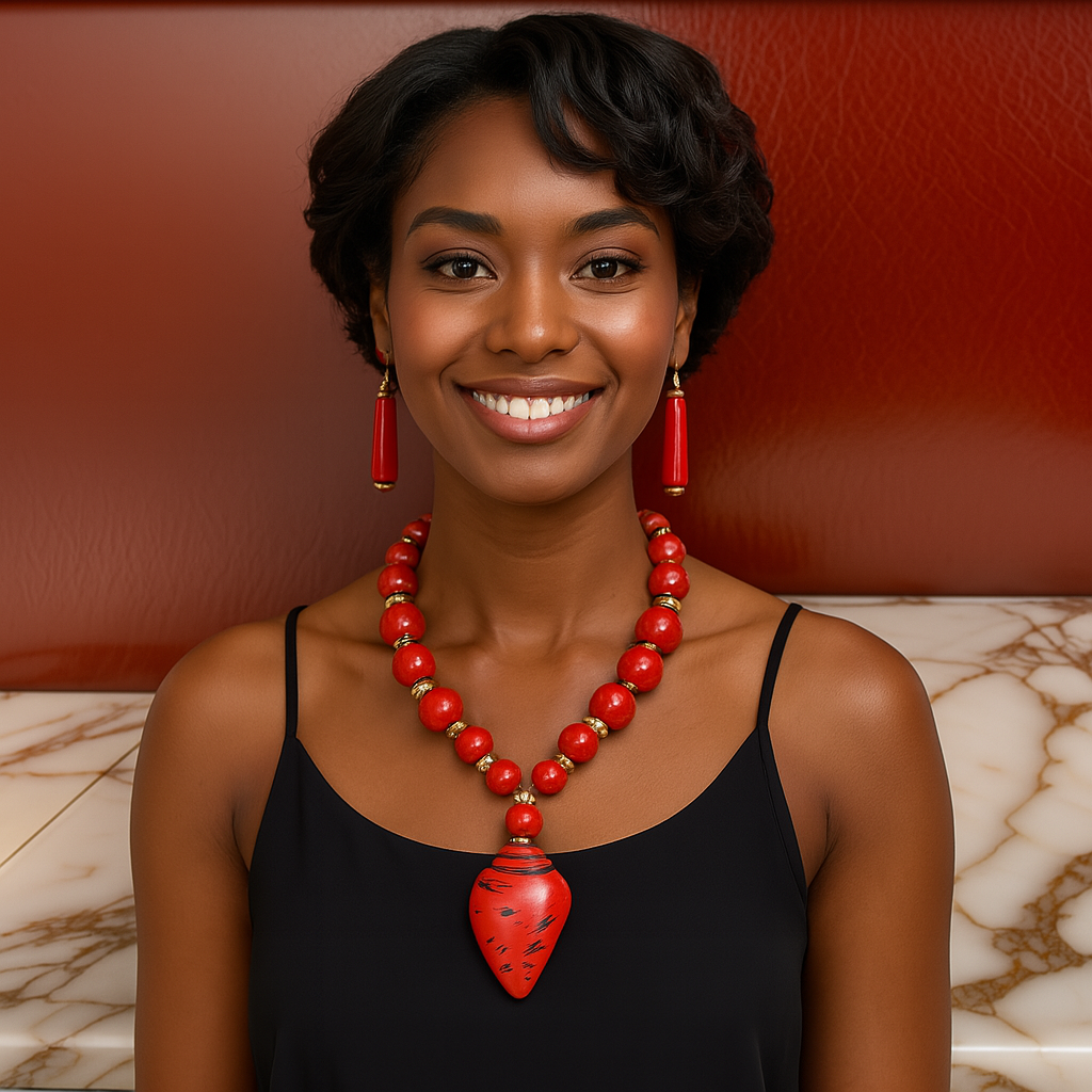 African Bone Shell Pendent Beaded Necklace & Earring Set