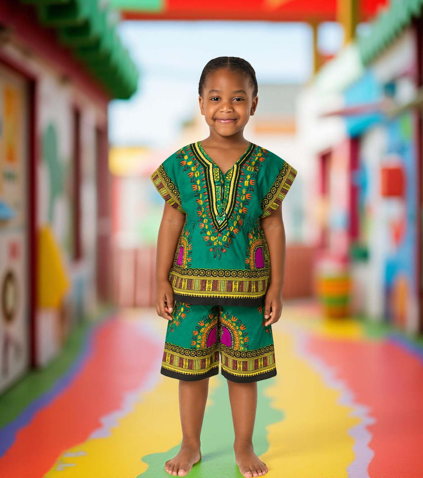 Girls Elastic Waistband Dashiki Top and Shorts Set