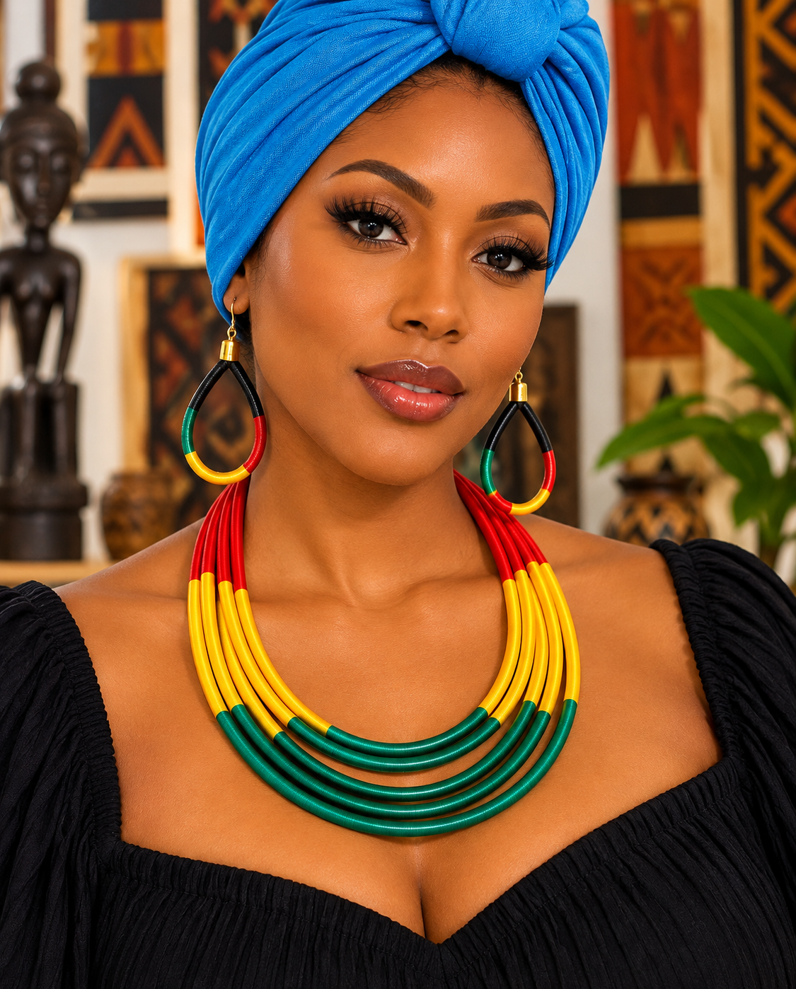 African Multicolor Layered Necklace & Earrings Jewelry Set – Red, Yellow, Green & Black