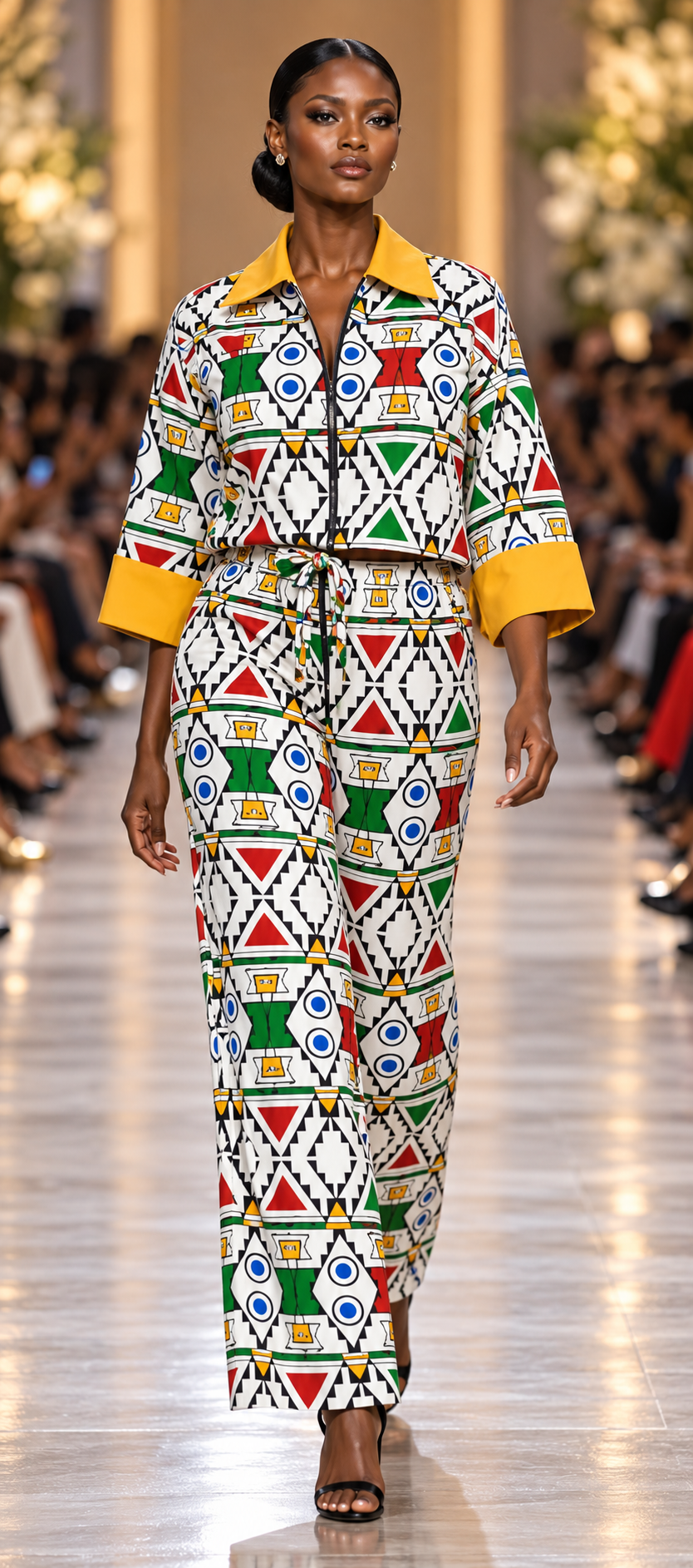 African Geometric Print Two-Piece Pants Set with Mustard Trim