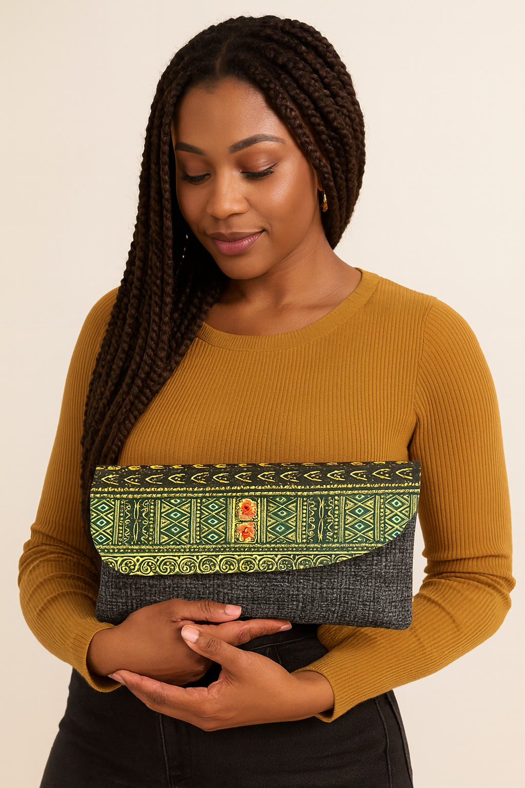 African Inspired Denim Dashiki Print Woven Small Clutch Purse