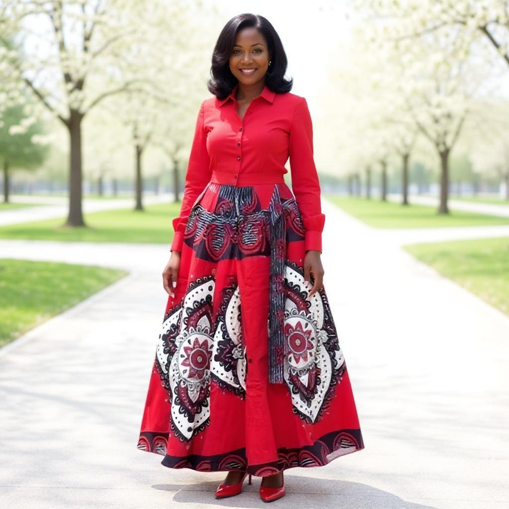 African Print Red/White Maxi Skirt