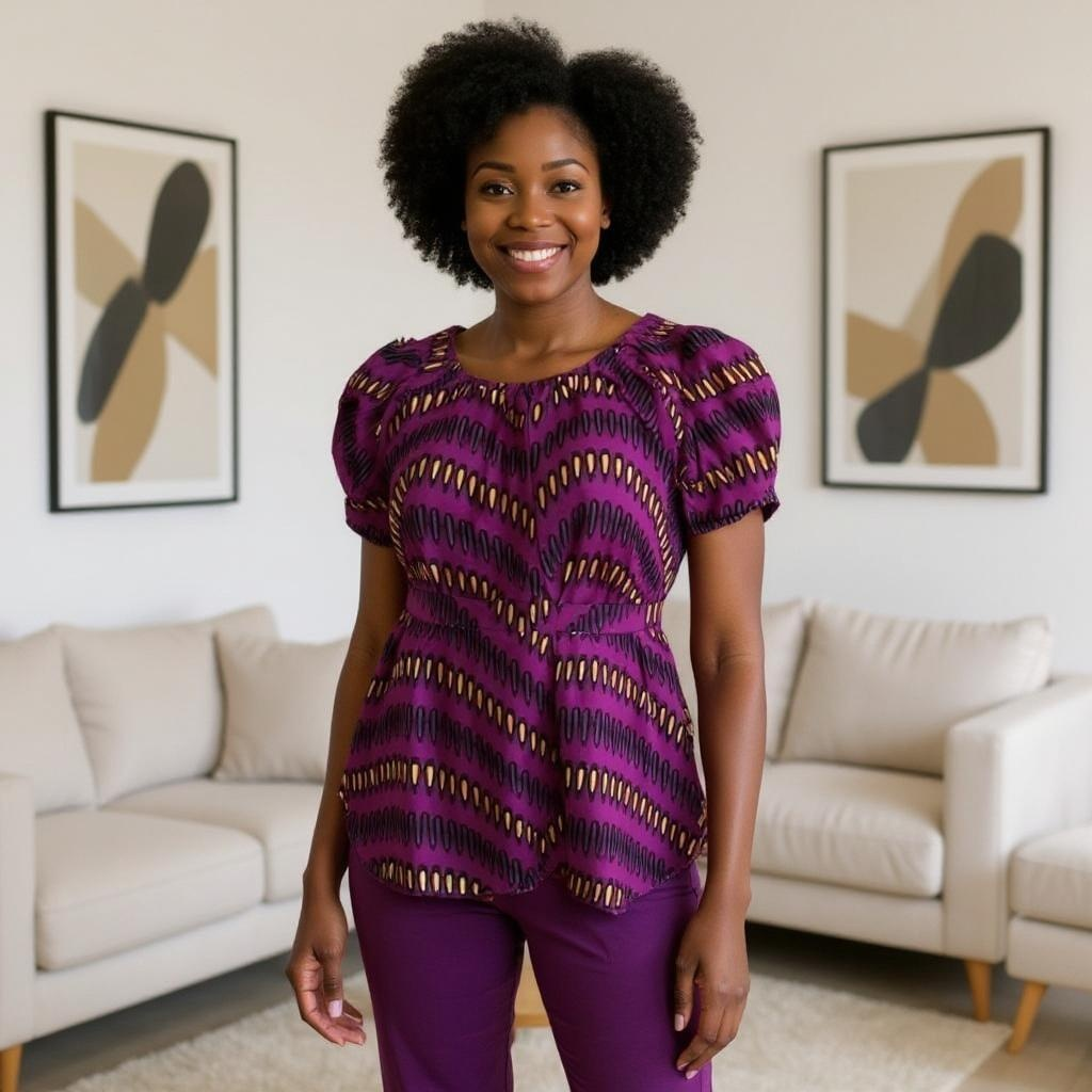 Women's African Print Frill Top Blouse with Belt