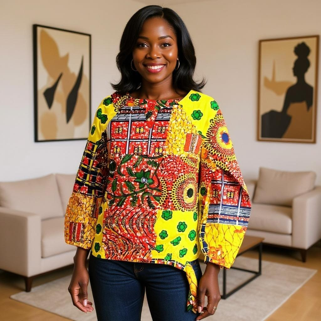 African Print Long Sleeve Ankara Patched Blouse