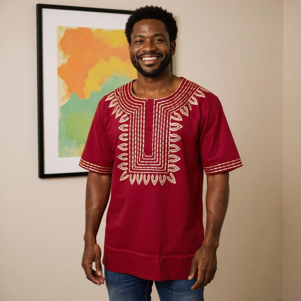 Maroon Gold Embroidered T'Challa Short Sleeves Shirt (XL)