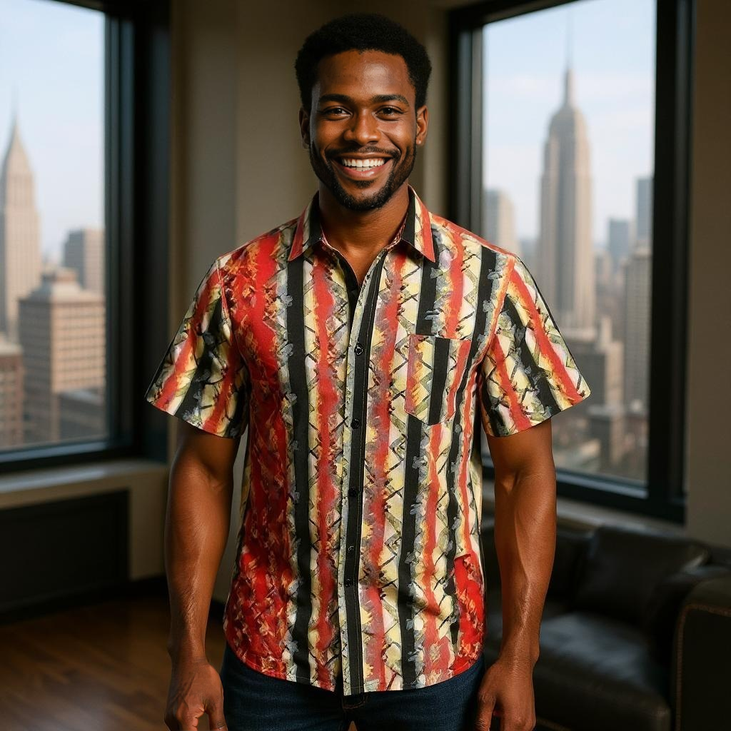 Men's Black/Red Print Short Sleeve Button Down Shirt (XXL)