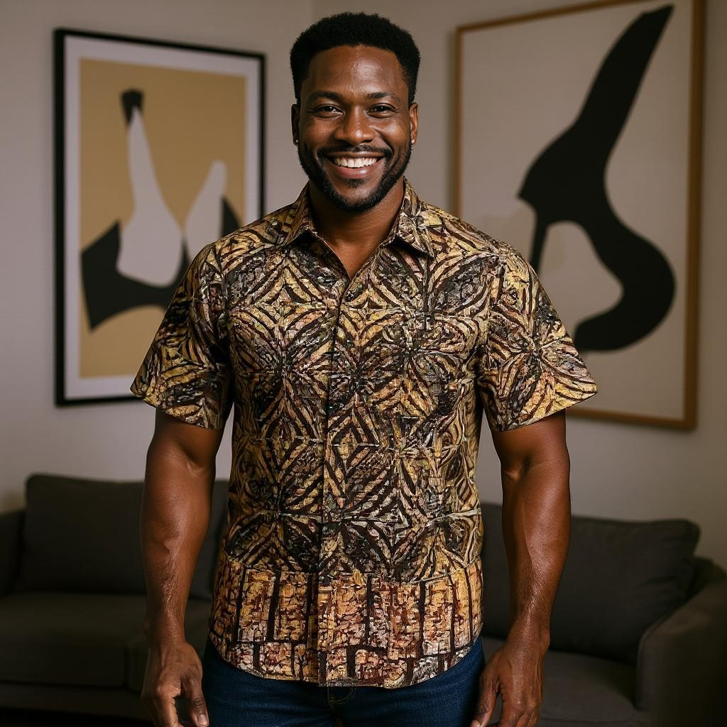 Men's Black/Brown Print Short Sleeve Button Down Shirt (M)