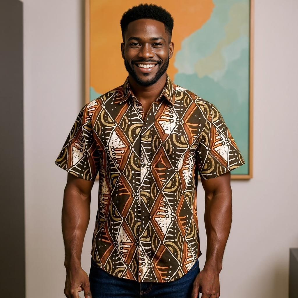 Men's Brown/Orange/White Print Short Sleeve Button Down Shirt (M)