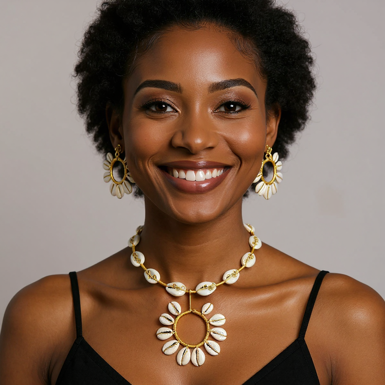 Handcrafted Hoop Cowrie Shell Choker Necklace and Earring Set