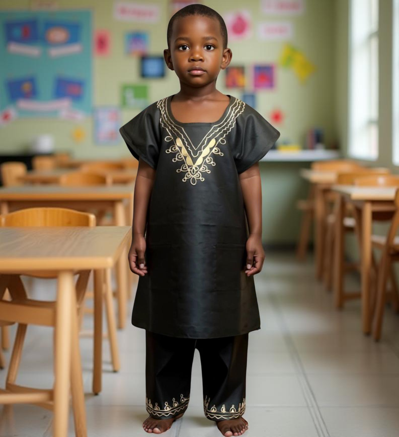 Boys Solid Black 2pc African Dashiki long Shorts Set (Large)