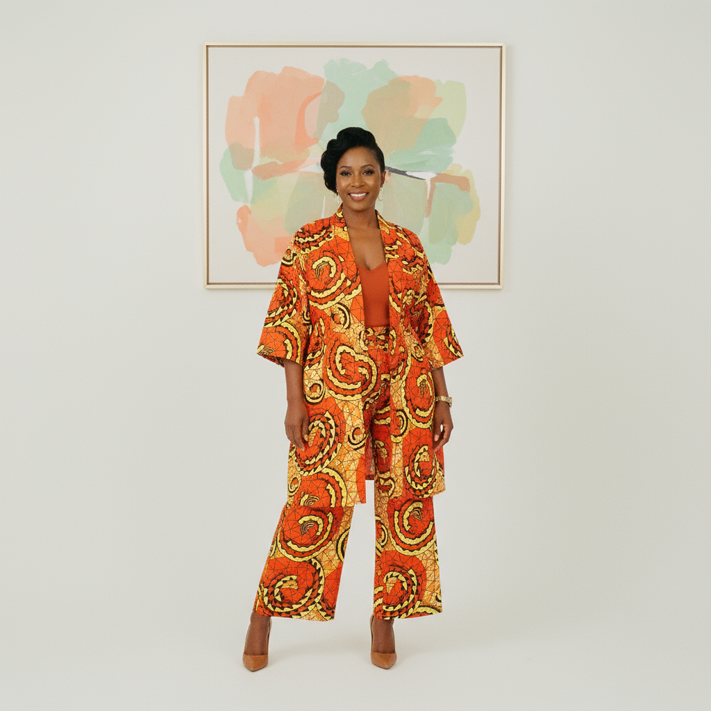 Women’s Orange, Yellow, and Black African Print 3-Piece Pants Set