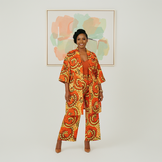 Women’s Orange, Yellow, and Black African Print 3-Piece Pants Set