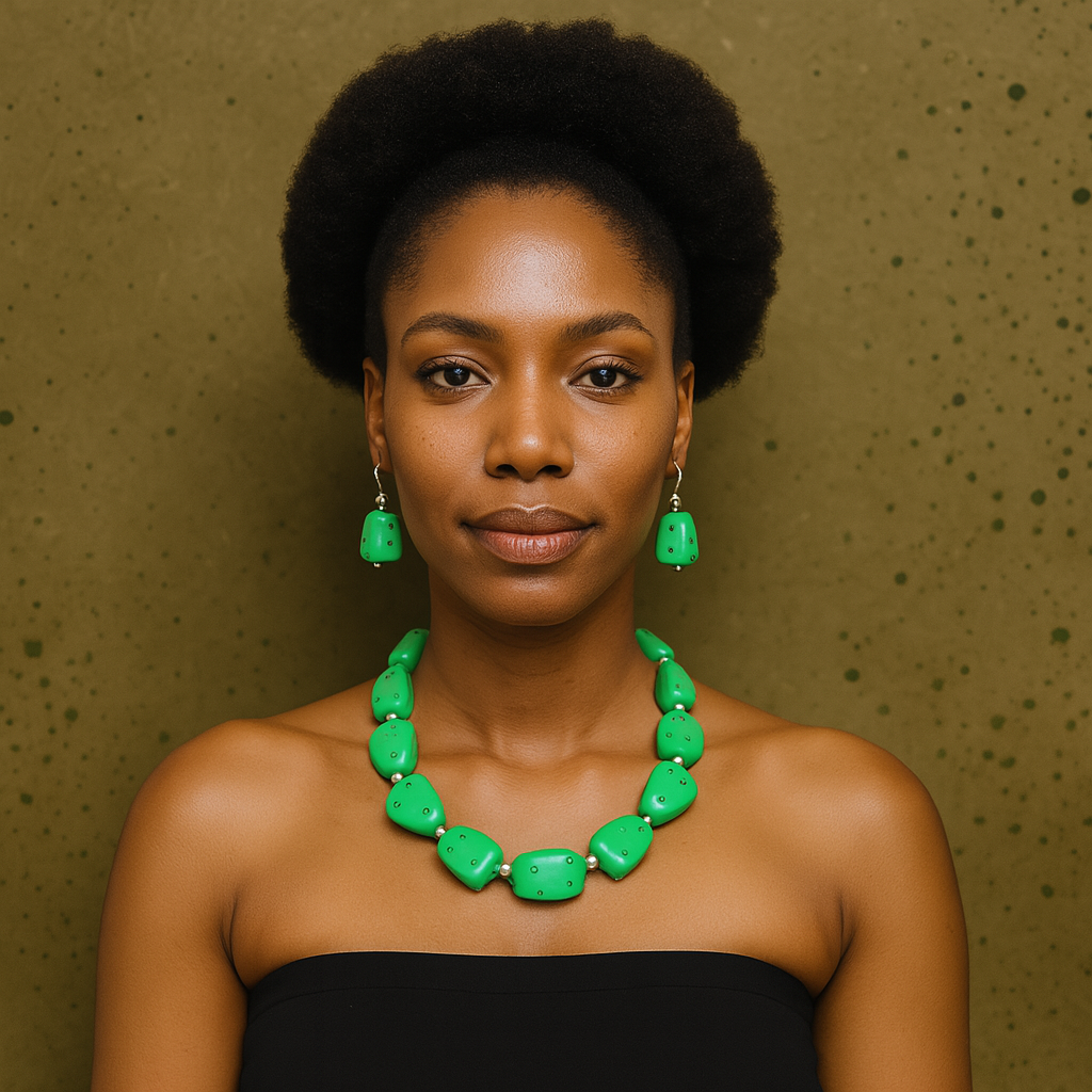 Tribal Rock Style Bone Necklace & Earrings Set (Green)