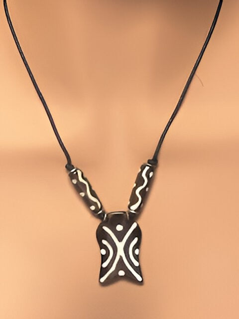 Men's Brown Bone Tribal Pattern Pendant Necklace
