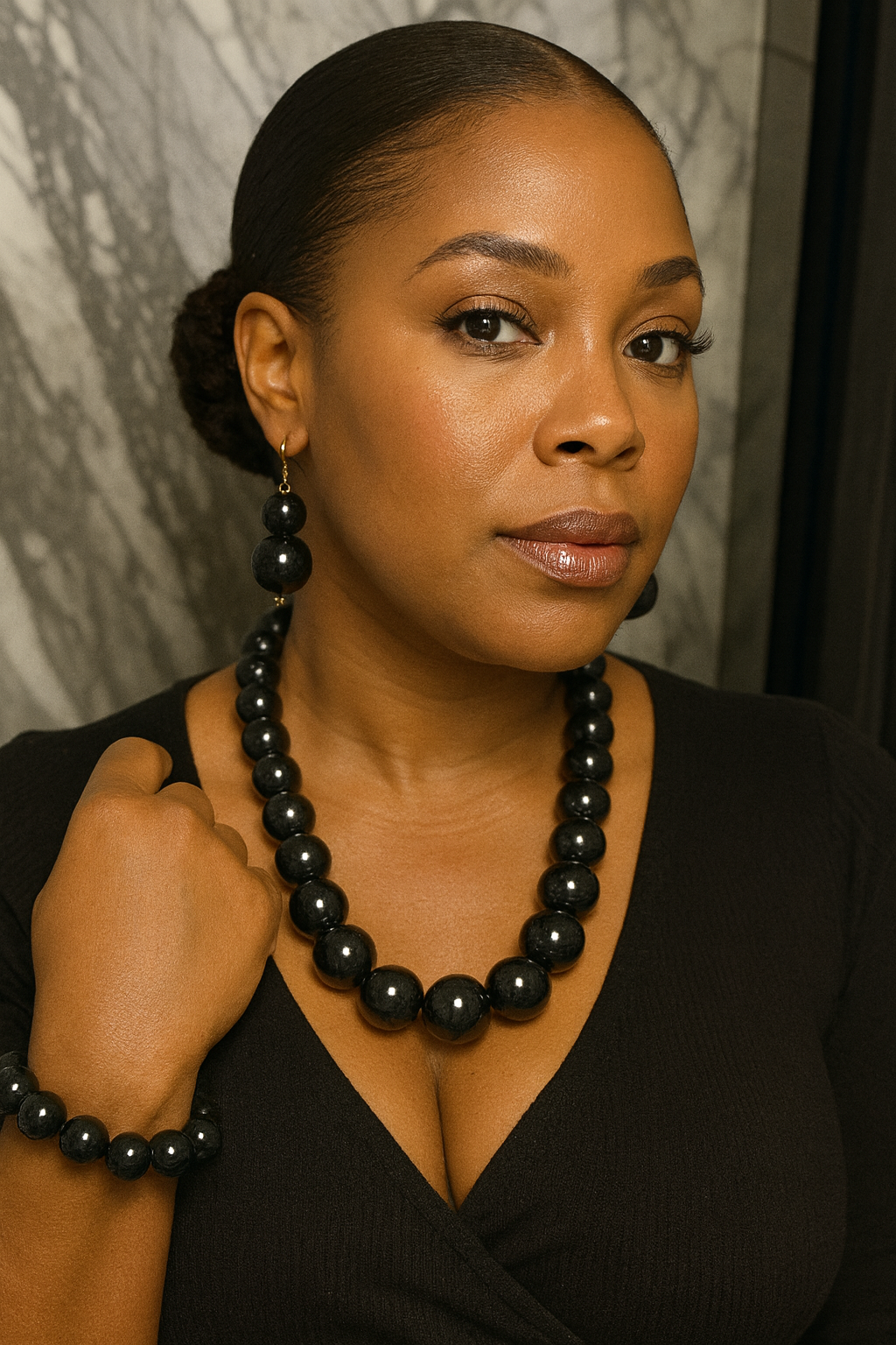 Beaded Round Marble Necklace, Bracelet and Earring Set