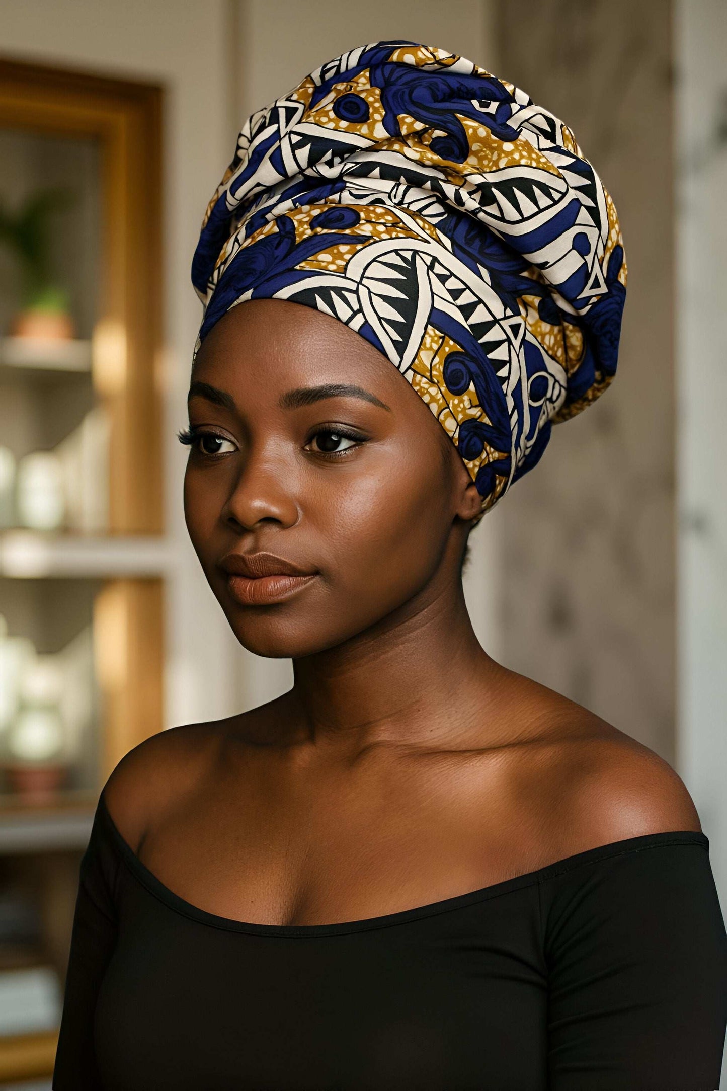 African Blue/White Print Headwrap w/Matching Mask