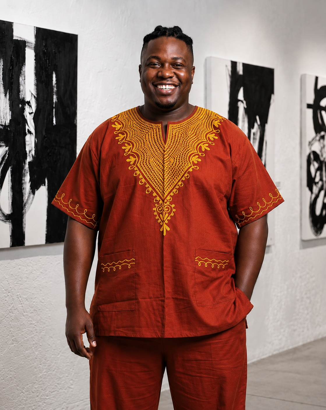 Rust Red African Dashiki Shirt with Matching Kufi Hat
