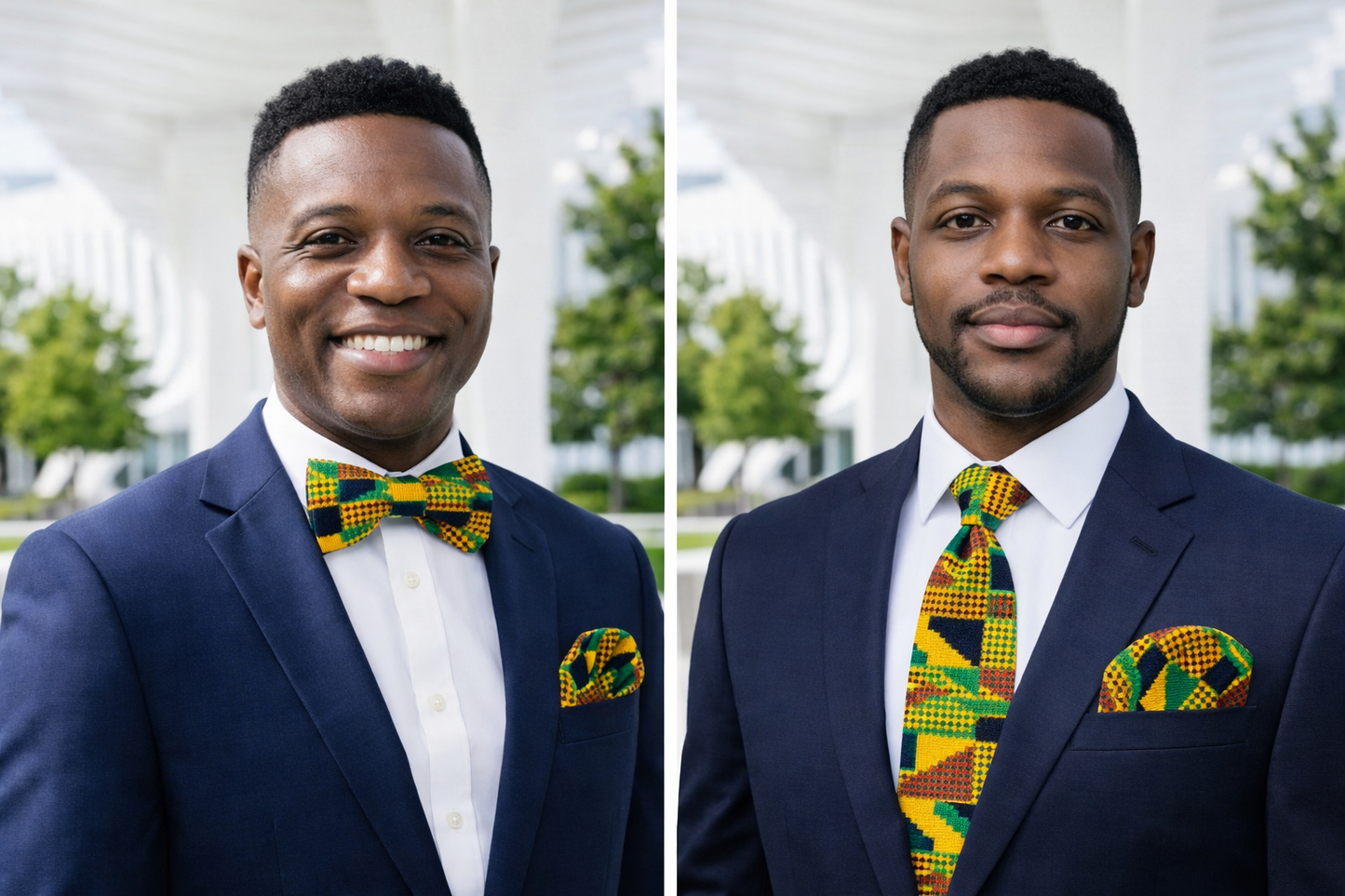 Classic Kente Royal Green & Gold Bow Tie & Necktie Set with Matching Pocket Square