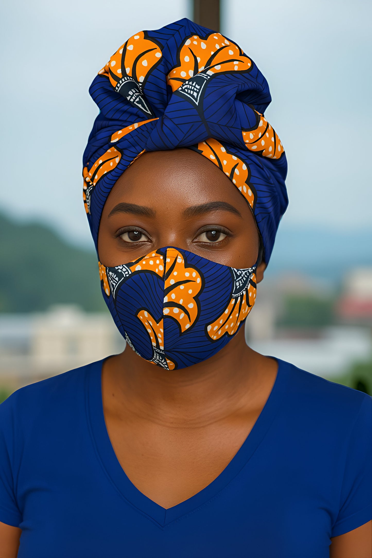 Royal Blue Floral Print Headwrap with Matching Face Mask