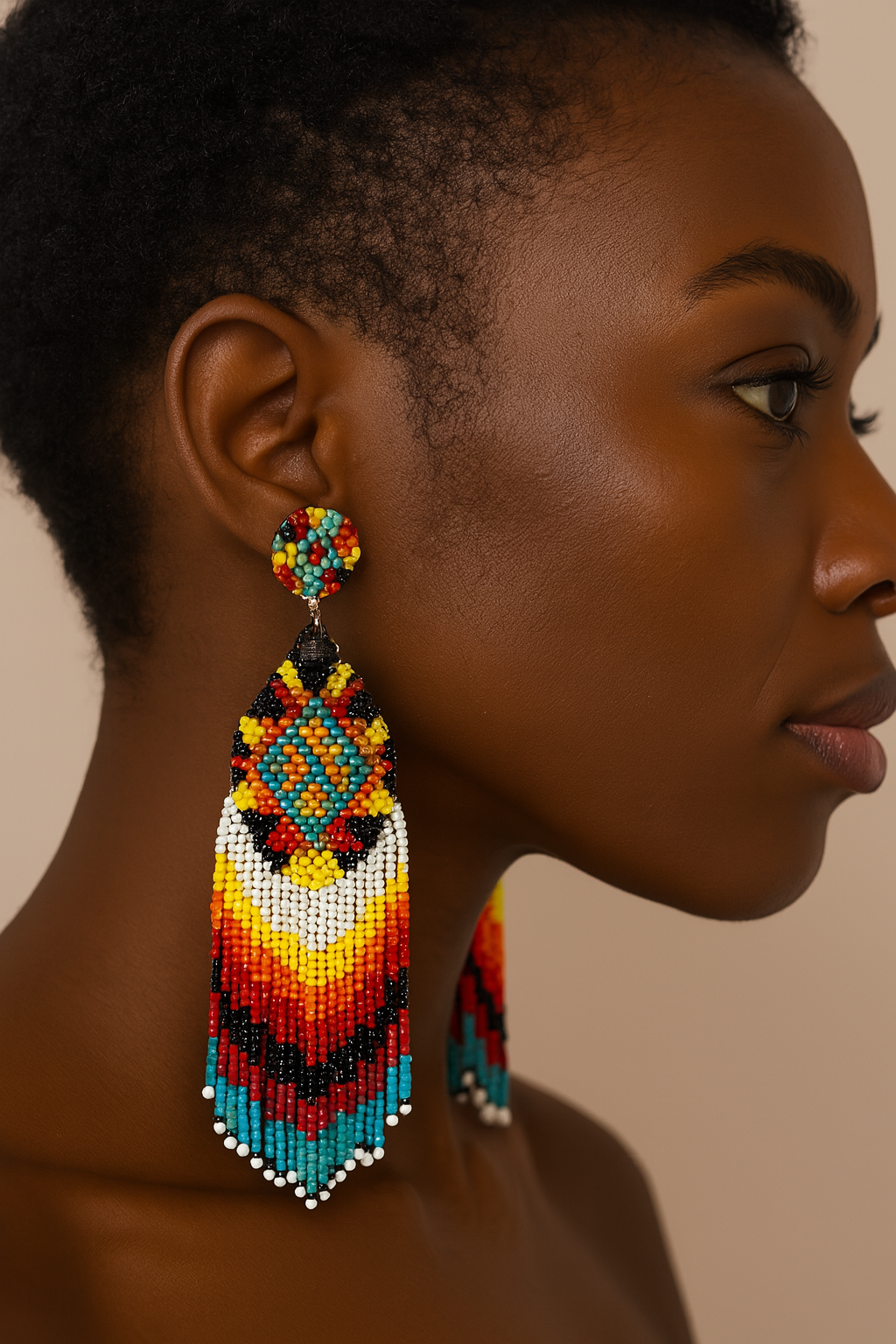 Beaded 2-tier Tapered Triangular Tassel Long Drop Earrings