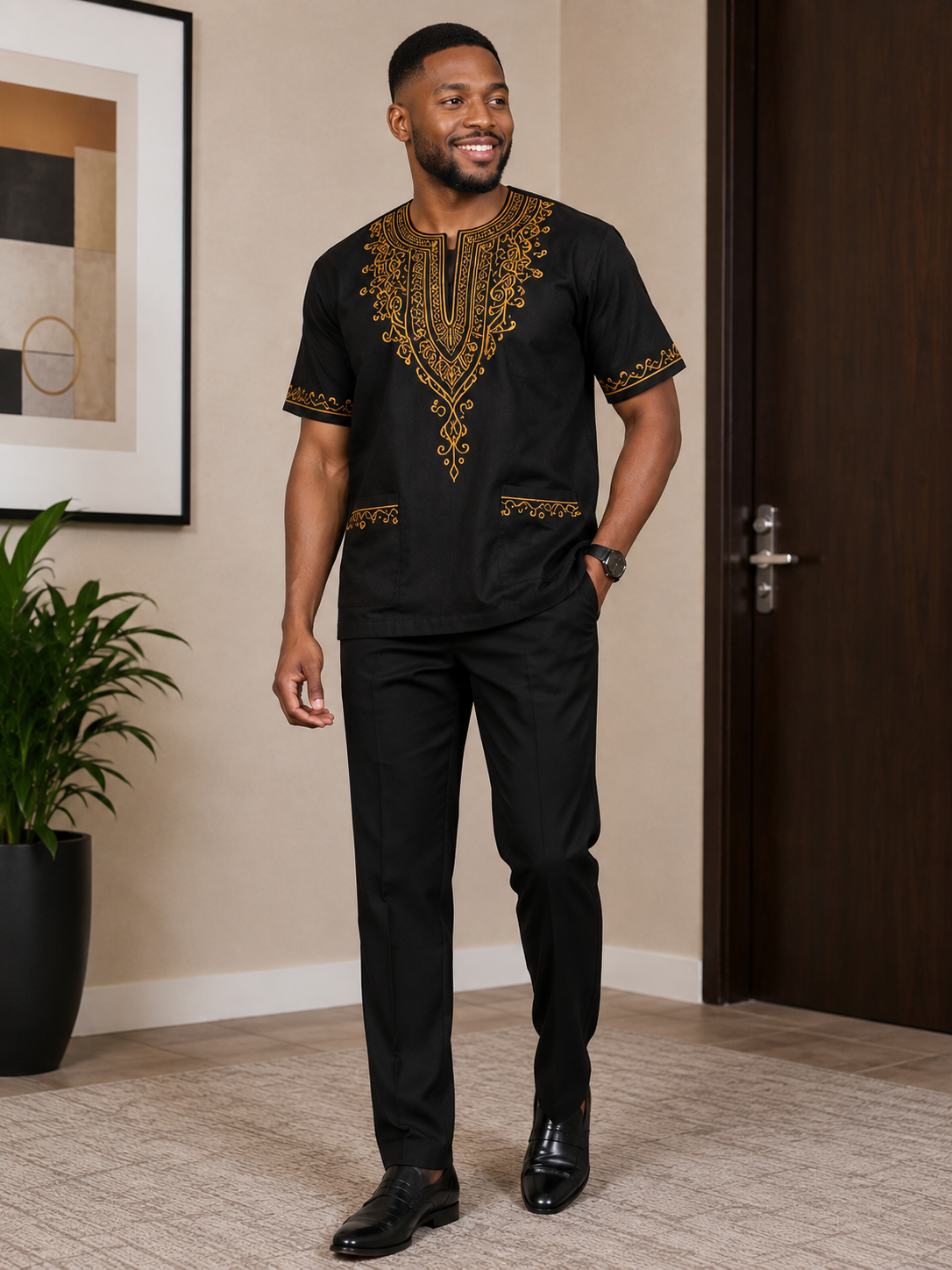 Men's Black Classic Tailor-Made Stretch-Waist Dress Pants