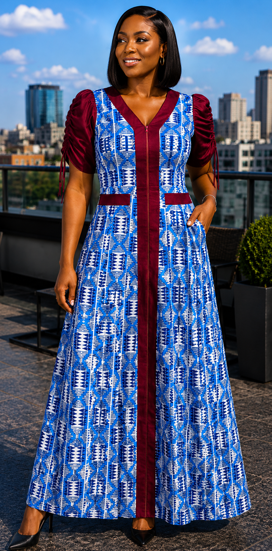 Long Blue-White Ankara Mixed w/Red Velvet African Print Dress