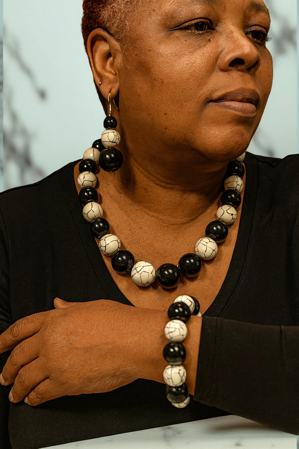 Beaded Round Marble Necklace, Bracelet and Earring Set