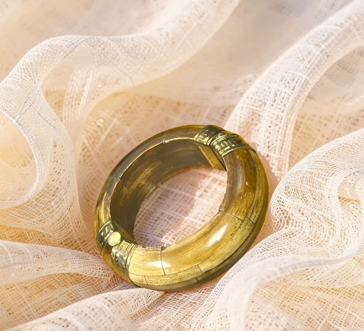 Natural Horn-Tone and Silver Accent Hinged Bangle