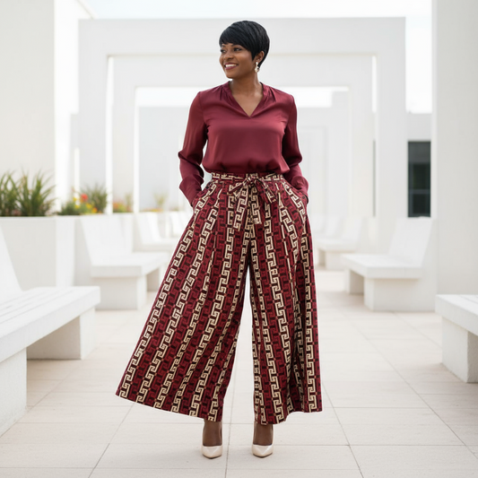 Women’s Red, Black, and Cream African Print Palazzo Pants
