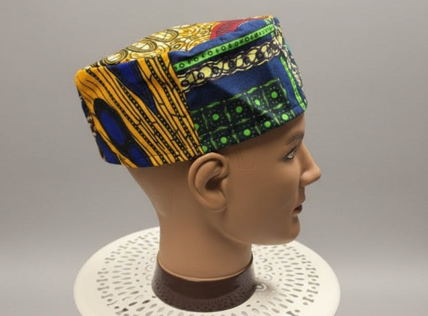 African Print Patchwork Kufi Hat – Multicolor Ankara Cap (E)