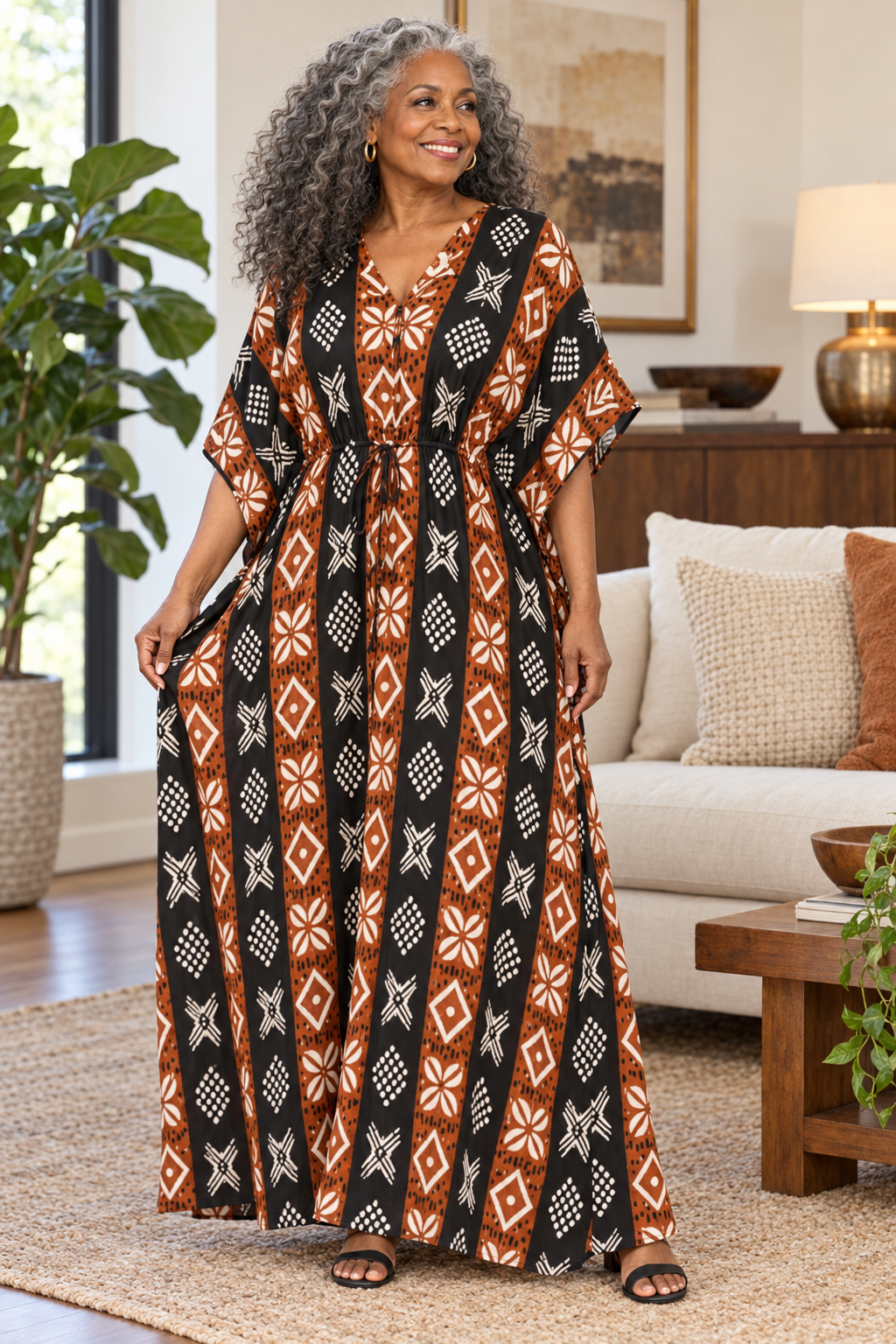 Cream, Black, Geometric Print Kaftan