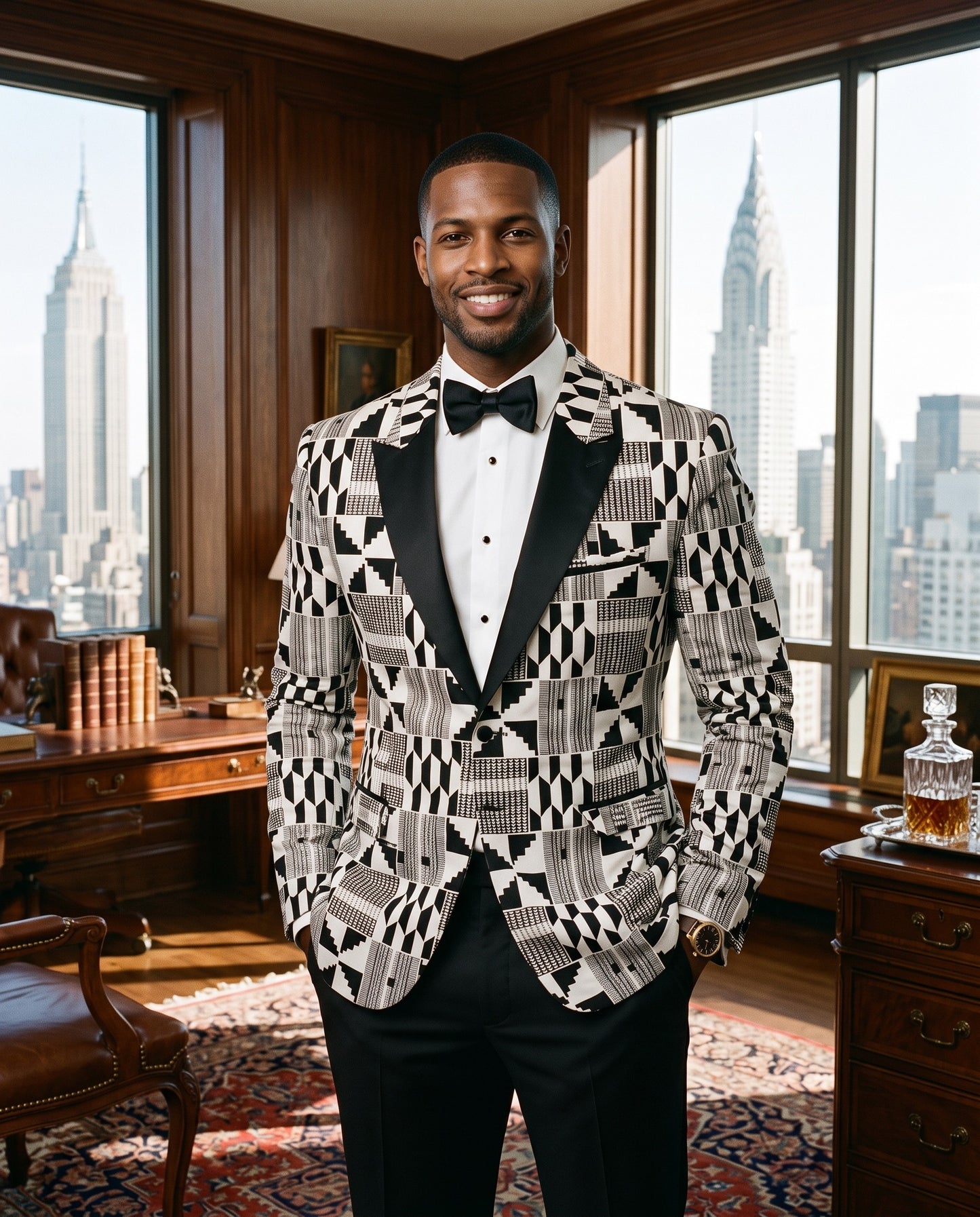 Men’s White and Black Patchwork African Print Blazer