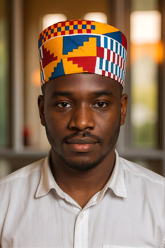Blue, Orange, Red, White Print Kente Kufi Hat