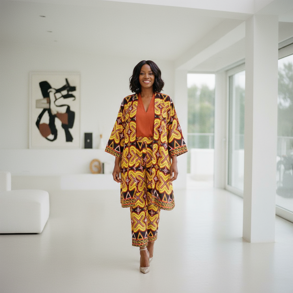 Women’s Yellow, Red, and Black African Print 3-Piece Pants Set