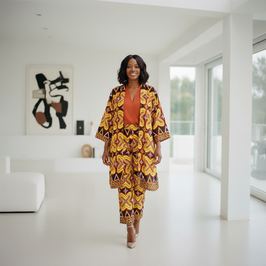 Women’s Yellow, Red, and Black African Print 3-Piece Pants Set