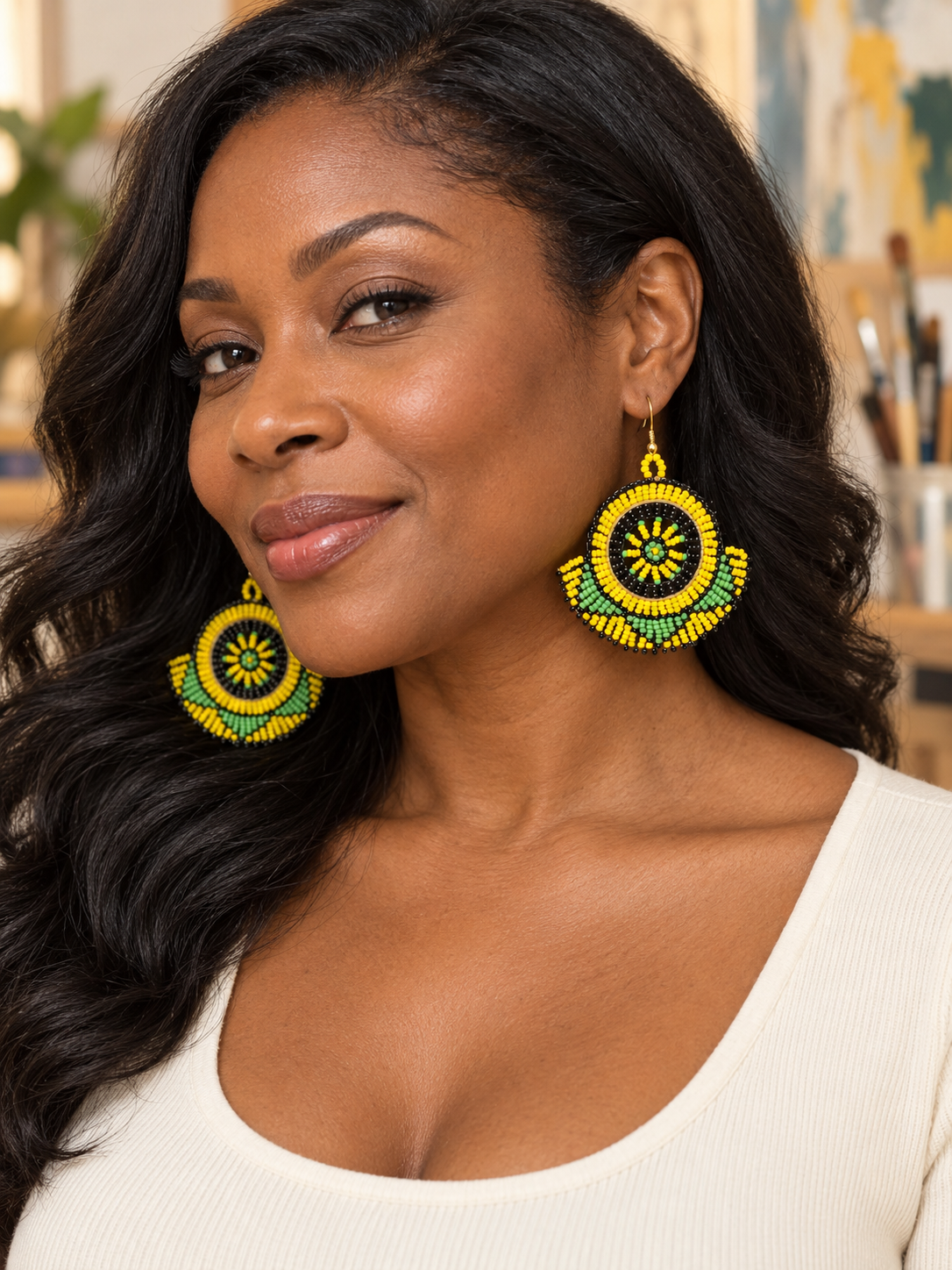 African Yellow, Green & Black Fan-Shaped Beaded Statement Earrings
